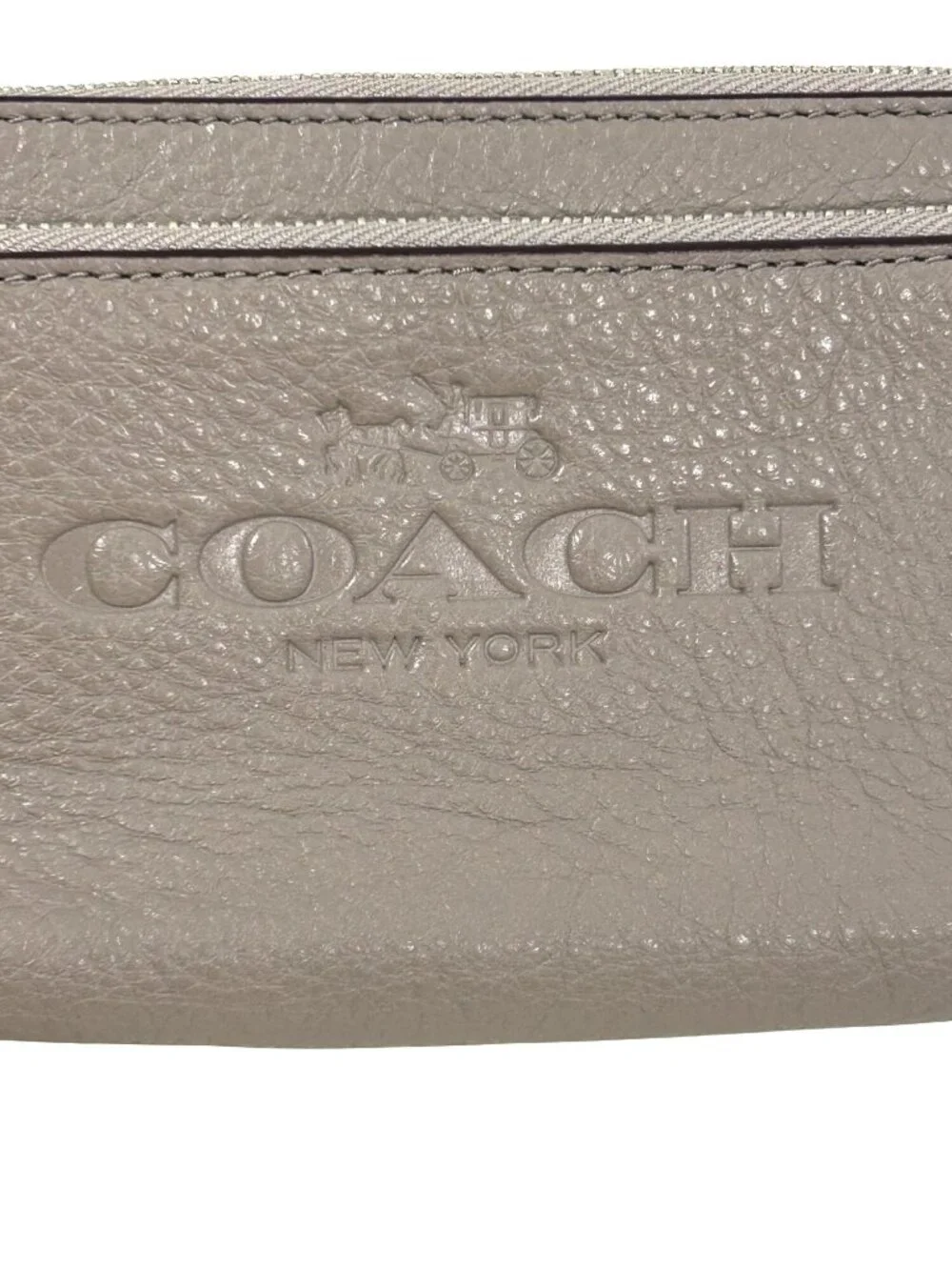 Coach New York Wristlet Clutch Purse Taupe Pebbled Leather Corner Zip Logo Charm